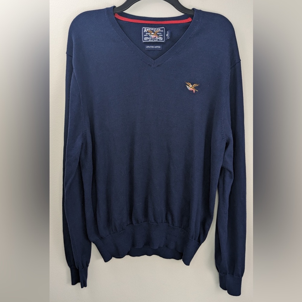 American Living by Ralph Lauren Navy Pima Cotton Sweater with Eagle Accent Sz XL